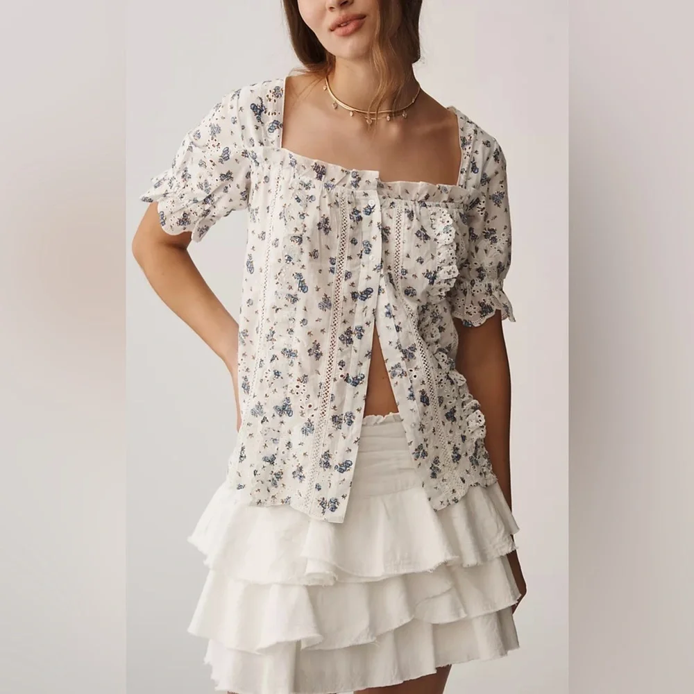 NWT By Anthropologie Puff-Sleeve Eyelet Top size LP Ivory Blue Floral Print Boho